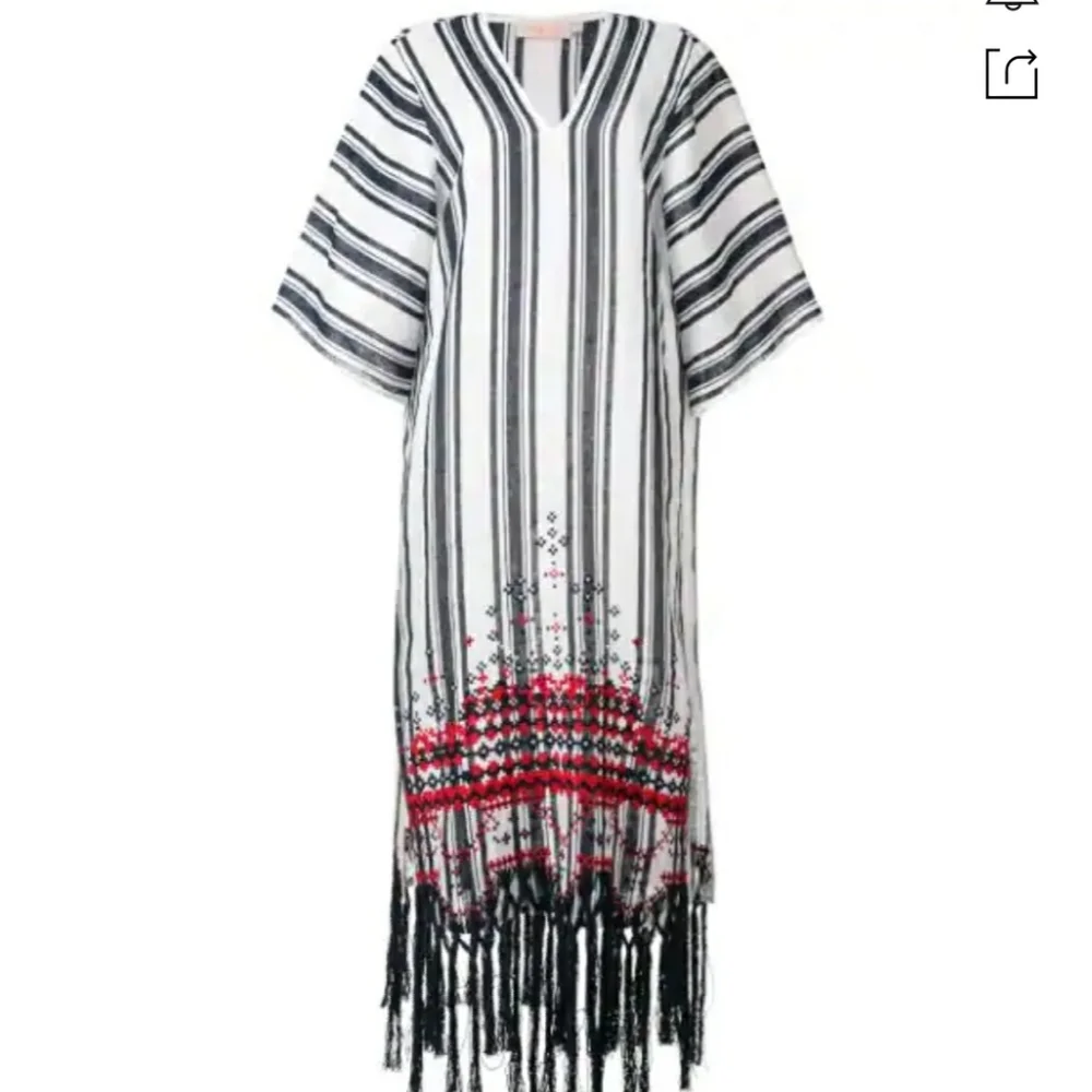 Tory Burch White and Black Striped Maxi Dress with Red Embroidered Hem